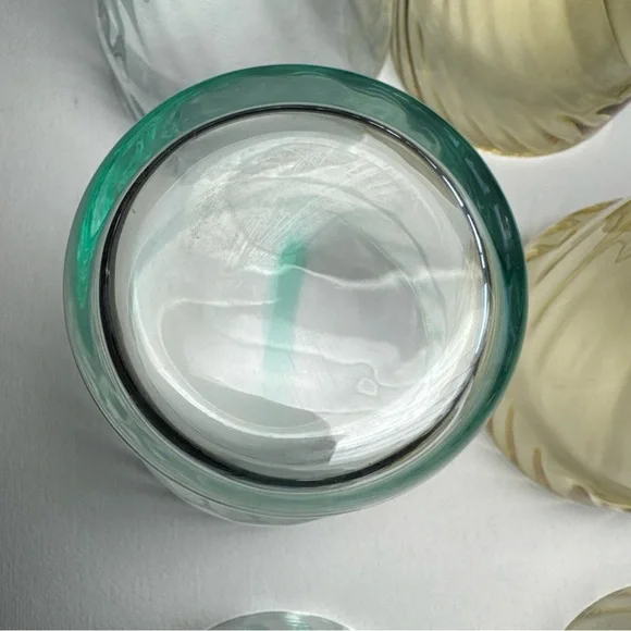 Set Of 6 ANTHROPOLOGIE Glasses 3 Green & 3 Amber Swirl Picnic Juice 3.75” EXC! - Picture 5 of 16